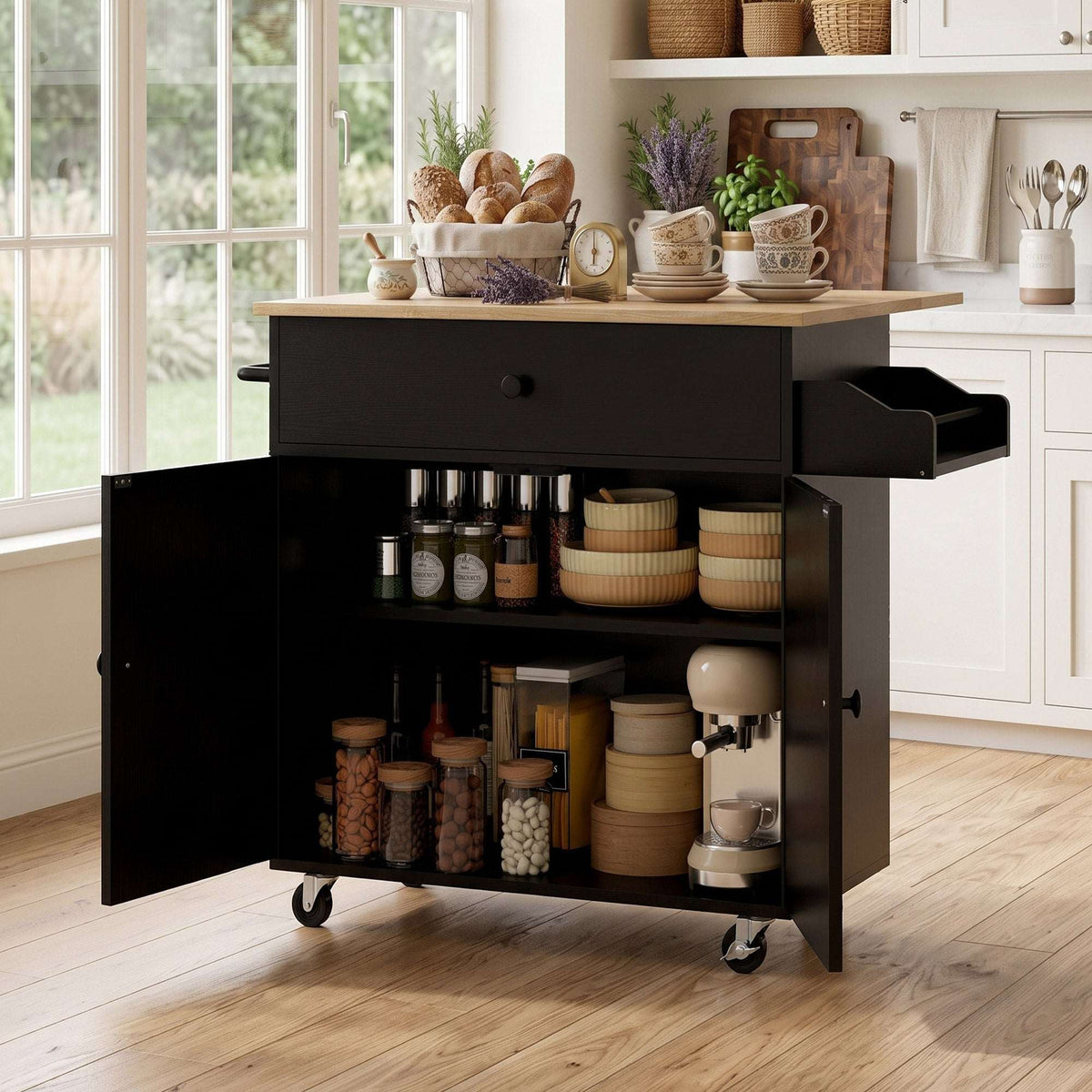 HOMCOM Kitchen Island with Drop Leaf, Rolling Kitchen Storage Trolley on Wheels with Drawer, Spice Rack and Towel Rack, Black