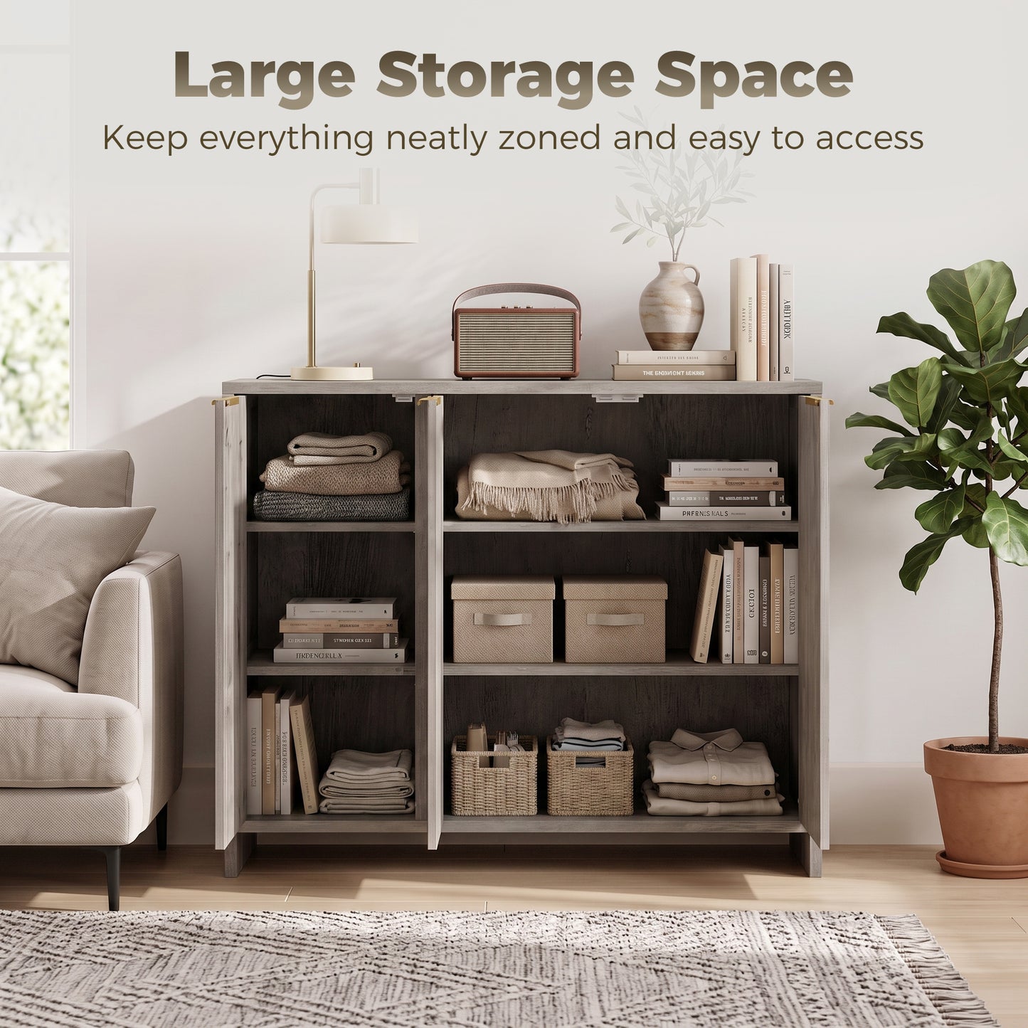 HOMCOM Sideboard Cabinet, Modern Storage Cabinet with 3 Doors and Adjustable Shelves for Living Room, Dining Room, Grey
