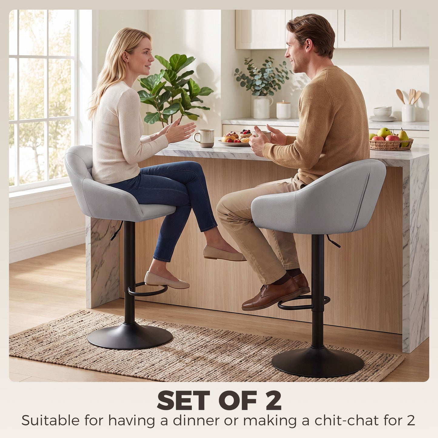 HOMCOM Bar Stools Adjustable Heights Breakfast Bar Stools Backrest Armrests Set of 2 with Rubber Ring Metal Base, Grey