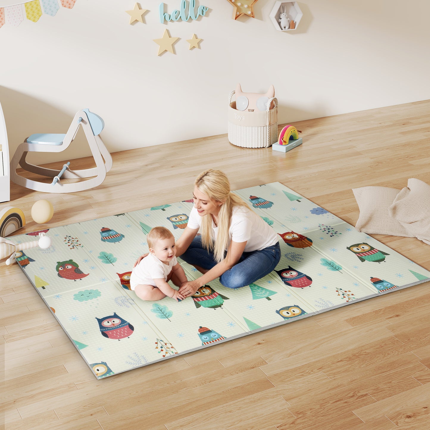 AIYAPLAY Foldable Baby Plat Mat Double Sided, Kids Floor Mat for Crawling, 200L x 150W cm, Car track and Owl Theme-Play Mats-ChewyGames-ChewyGames