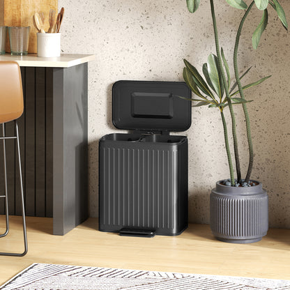 HOMCOM 40L Dual Compartment Rubbish Bin, with Soft-Close Lid - Black