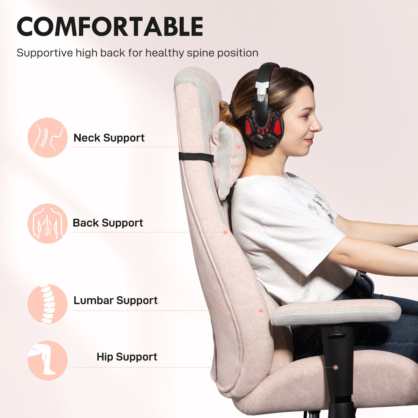 HOMCOM Fabric Gaming Chair with Lumbar Support, Headrest - Pale Pink--ChewyGames-ChewyGames