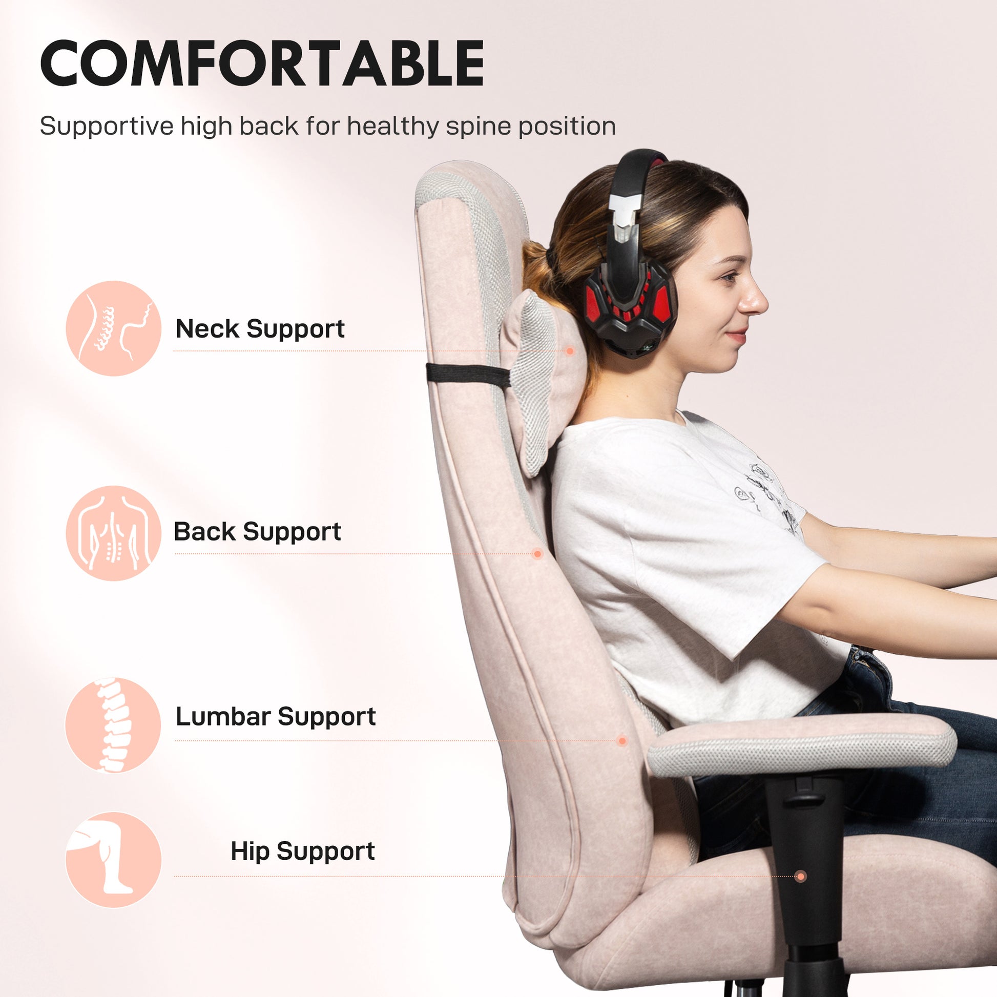 HOMCOM Fabric Gaming Chair with Lumbar Support, Headrest - Pale Pink--ChewyGames-ChewyGames