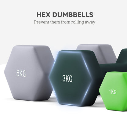 SPORTNOW Dumbbells Set with Storage Rack, 2 x 1kg, 2 x 3kg, 2 x 5kg, Green