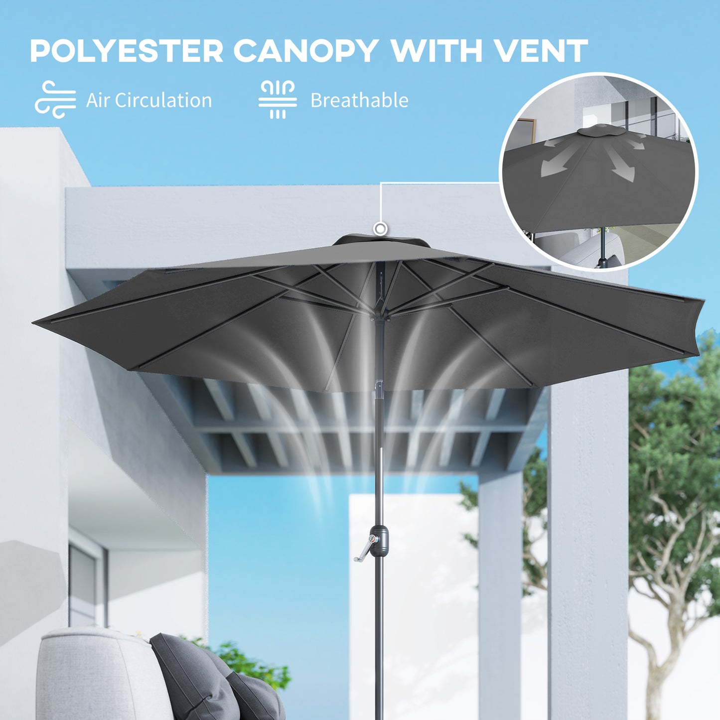 Outsunny 3(m) Tilting Parasol Garden Umbrellas, Outdoor Sun Shade with 8 Ribs, Tilt and Crank Handle for Balcony, Bench, Garden, Dark Grey