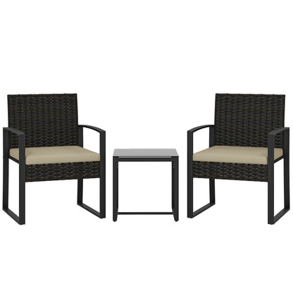 Outsunny Rattan Bistro Set, 3 Piece Garden Furniture Set with Glass Top Table and Cushions, Khaki