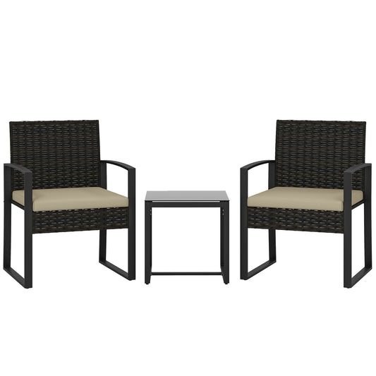 Outsunny Rattan Bistro Set, 3 Piece Garden Furniture Set with Glass Top Table and Cushions, Khaki