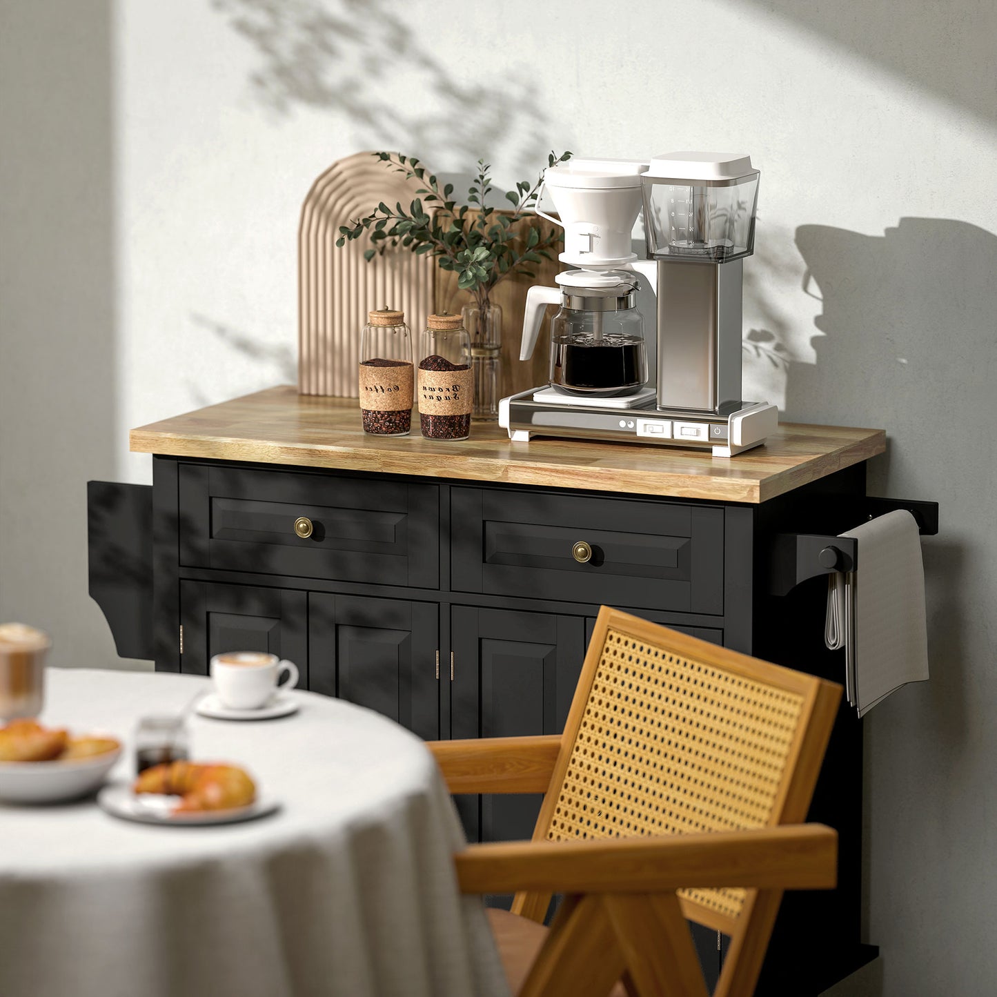 HOMCOM Rolling Kitchen Island Storage Trolley with Rubber Wood Top & Drawers for Dining Room, Black