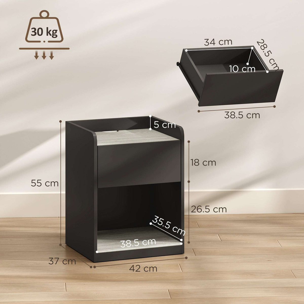 HOMCOM Modern Bedside Table, Slim Nightstand with Drawer, Shelf and Cable Holes, Black and Grey Wood Effect