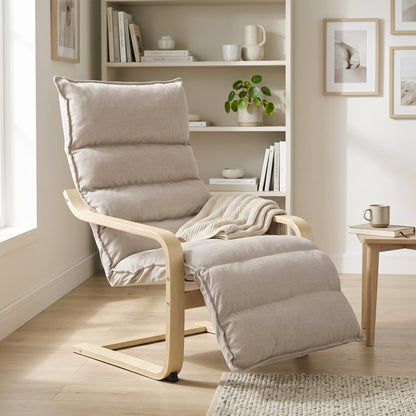 HOMCOM Curved Wooden Accent Chair, Armchair with Adjustable Footrest, Light Brown