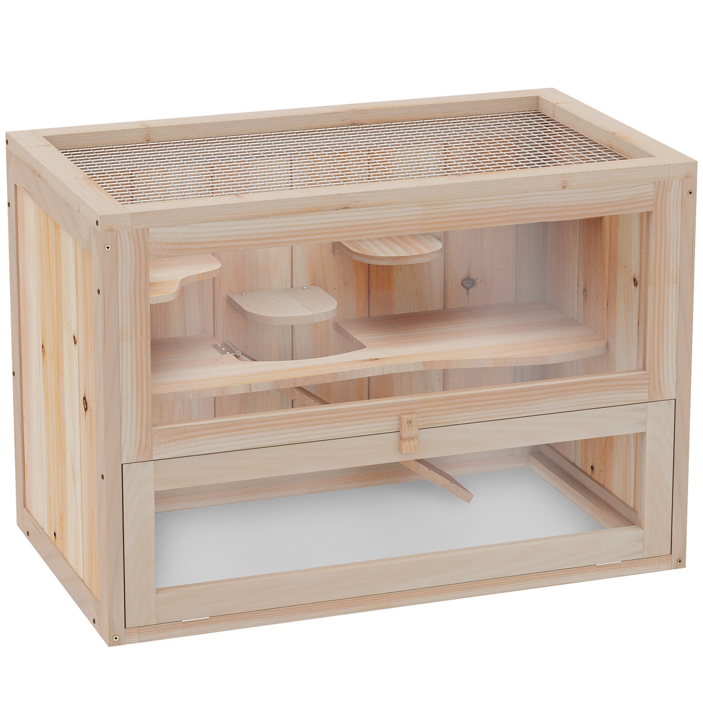 PawHut Wooden Hamster Cage Mouse Mice Rodent Small Animals Hutch Exercise Play House 60 x 35 x 42cm, Natural Wood Finish