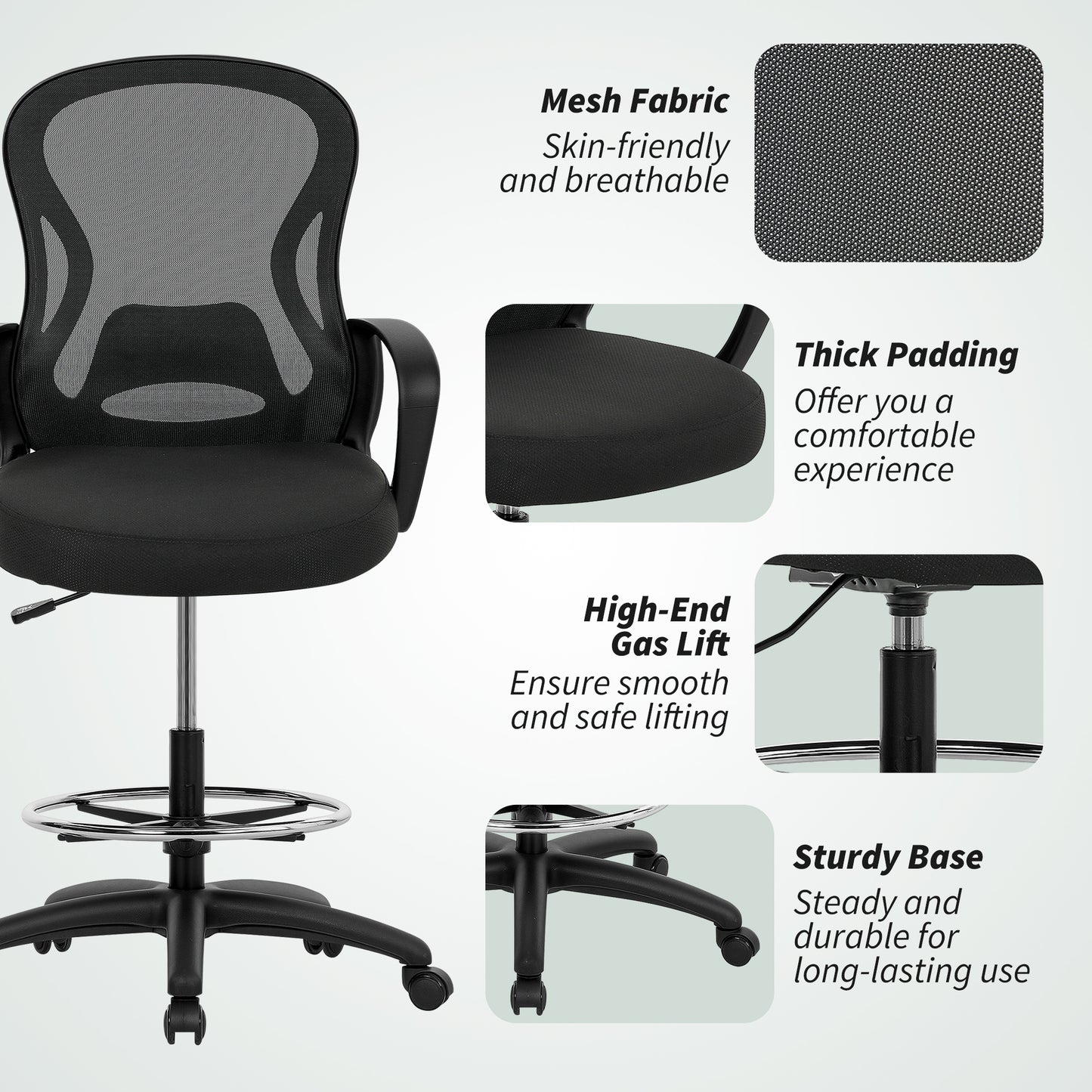 Vinsetto Drafting Chair with Adjustable Footrest, Ergonomic Mesh Office Chair with Lumbar Support, Adjustable Height for Standing Desk, Black