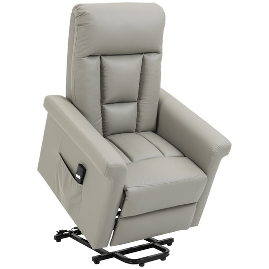 HOMCOM Power Lift Chair Armchair for the Elderly, PU Leather Recliner Chair with Extended Footrest, Remote Control and Side Pocket, Grey