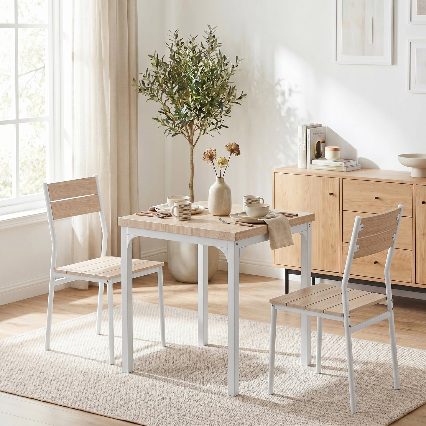 HOMCOM Three-Piece Minimal and Compact Dining Set, Oak Wood Effect