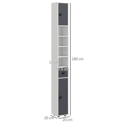 kleankin 180cm Slim Bathroom Cabinet, with Drawer, Shelves and Cupboards - Grey