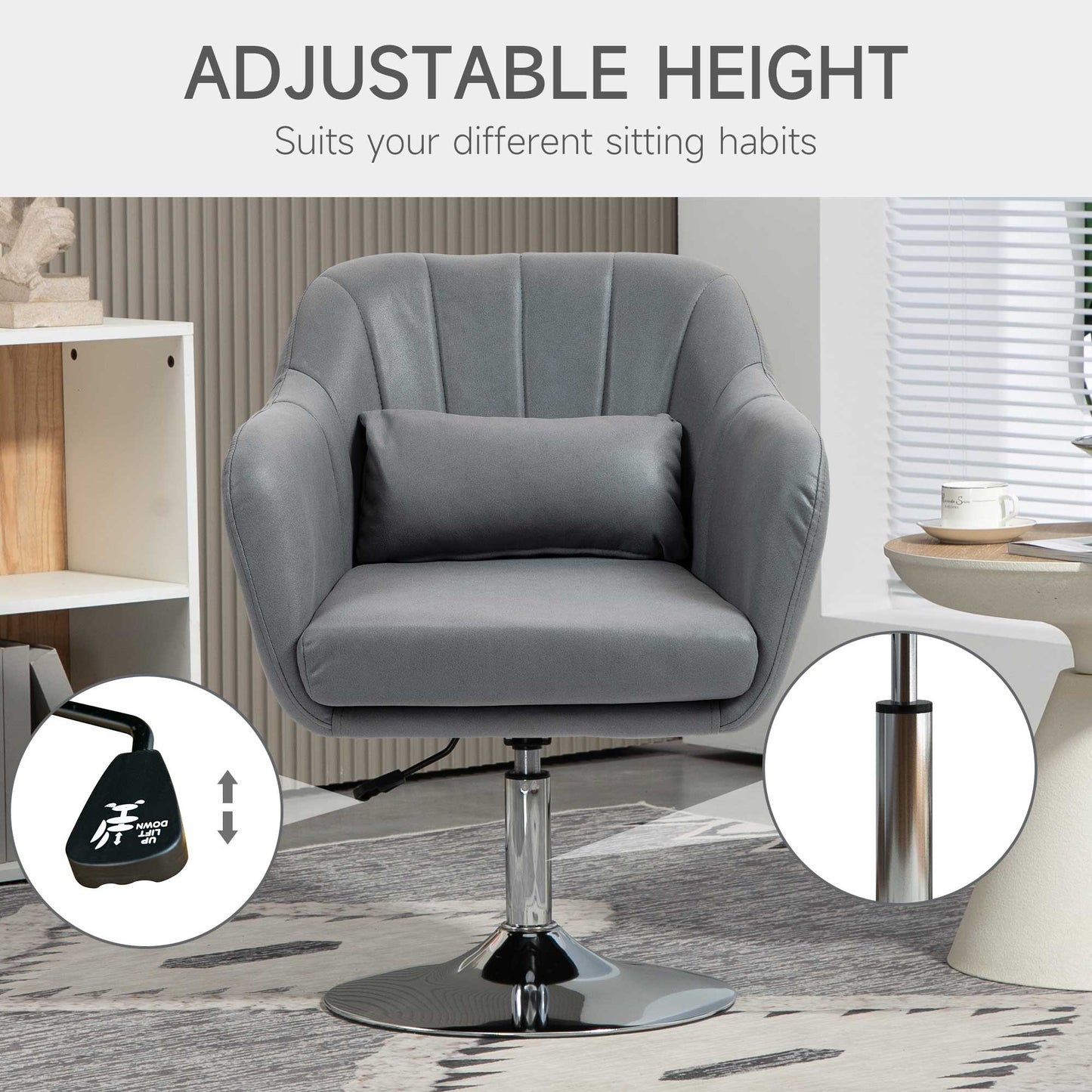 HOMCOM Swivel Accent Chair, Linen Fabric Tub Vanity Chair, Modern Armchair with Adjustable Height and Lumbar Support for Living Room Bedroom Salon Make up Room Dressing Table, Dark Grey