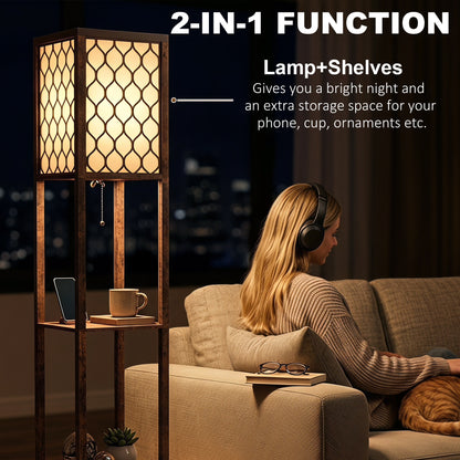 HOMCOM Floor Lamp with Shelves, Modern Tall Standing Lamp with Fabric Lampshades, Zipper Switch and Dual Light, Rustic Brown