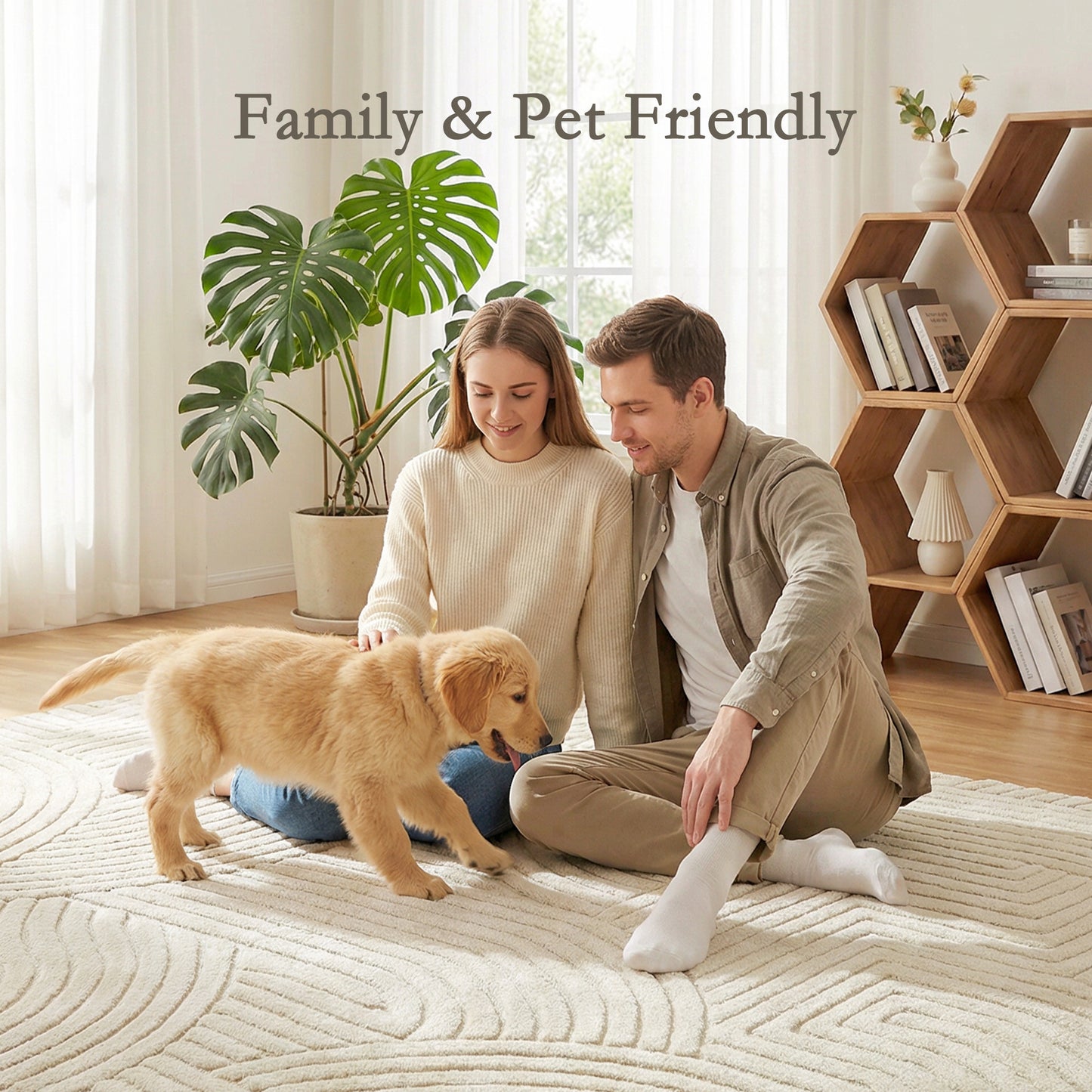 HOMCOM Modern Geometric Rug, Thick Plush, Non-Slip, 200 x 140 cm – Cream, Living Room/Bedroom/Office