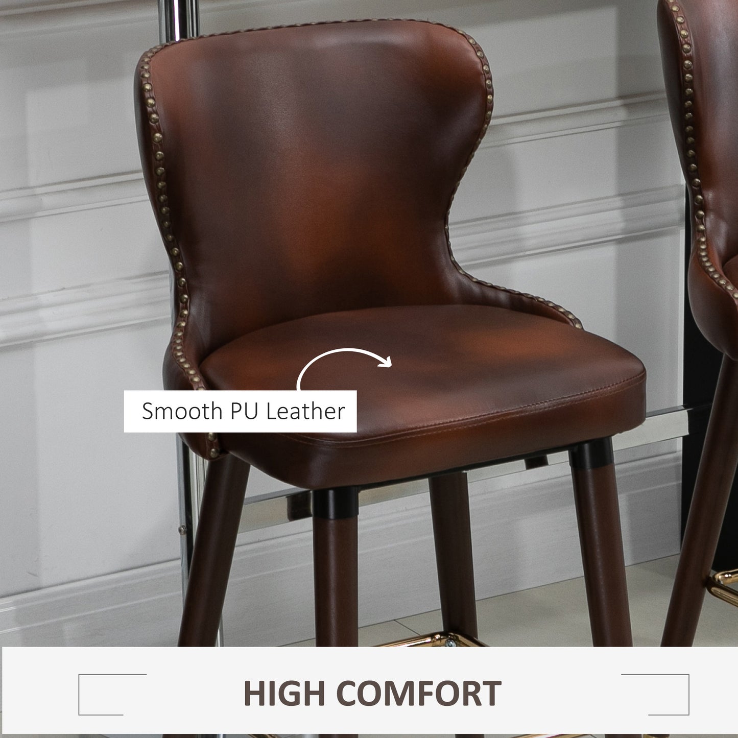 HOMCOM Bar Stools Set of 2, PU Leather Barstools with Back, Footrest and Wood Legs for Kitchen, Counter, Breakfast Bar, Brown