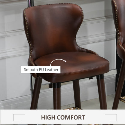 HOMCOM Bar Stools Set of 2, PU Leather Barstools with Back, Footrest and Wood Legs for Kitchen, Counter, Breakfast Bar, Brown