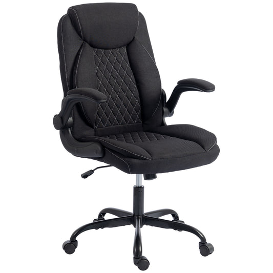 HOMCOM Linen-Look Computer Desk Chair, Executive Office Chair with Flip-Up Armrests and Thick Cushion, Black
