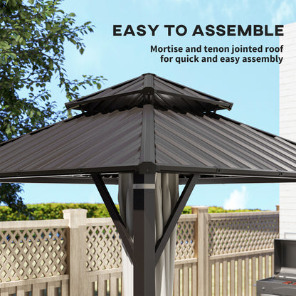 Outsunny 3 x 3(m) Hardtop Gazebo Canopy with Double Metal Roof, Waterproof Permanent Pavilion Garden Gazebo with Netting and Curtains, Easy to Assemble, Beige