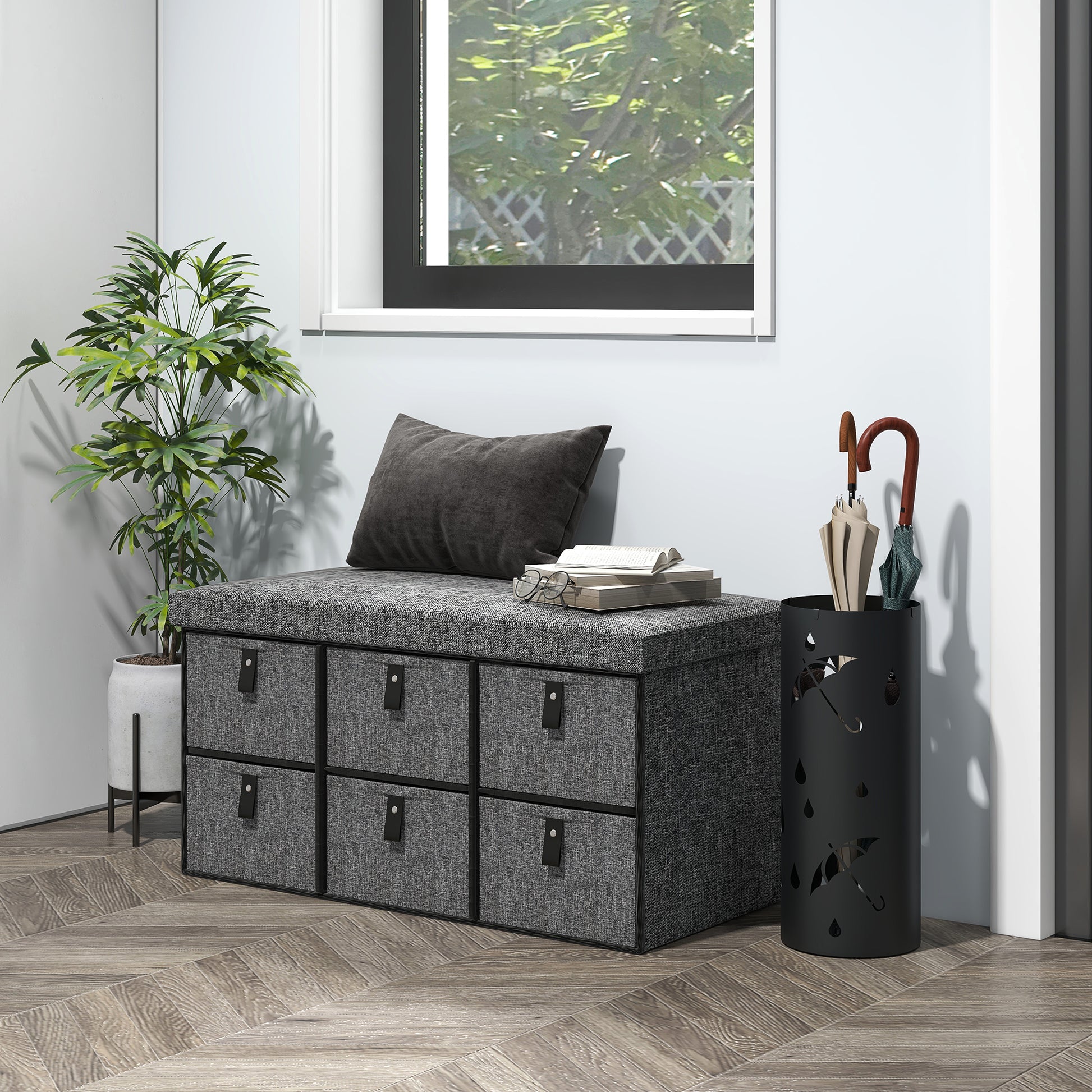 HOMCOM Six-Drawer Shoe Storage Bench, with Padded Top Seat - Dark Grey--ChewyGames-ChewyGames