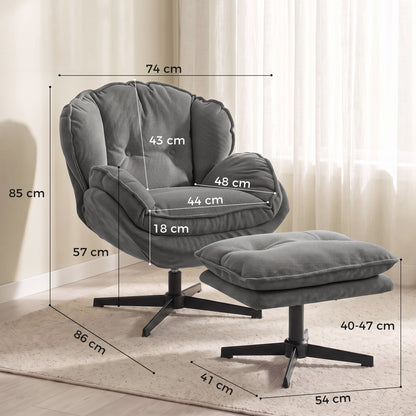 HOMCOM Armchair with Adjustable Footstool, 360° Swivel Chenille Cloud Accent Chair with Thick Cushion, Steel Base, Grey