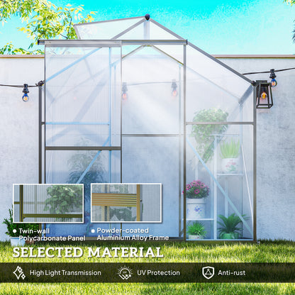 Outsunny 6 x 2.5ft Polycarbonate Greenhouse Walk-In Green House with Rain Gutter, Sliding Door, Window, Foundation, Dark Grey