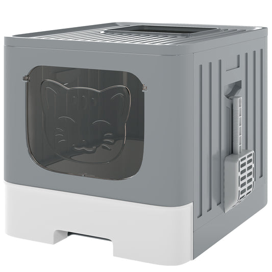 PawHut Cat Litter Box with Lid, Slide-Out Drawer, Scoop, Easy Clean, Odour Control, Anti-Splashing, Grey