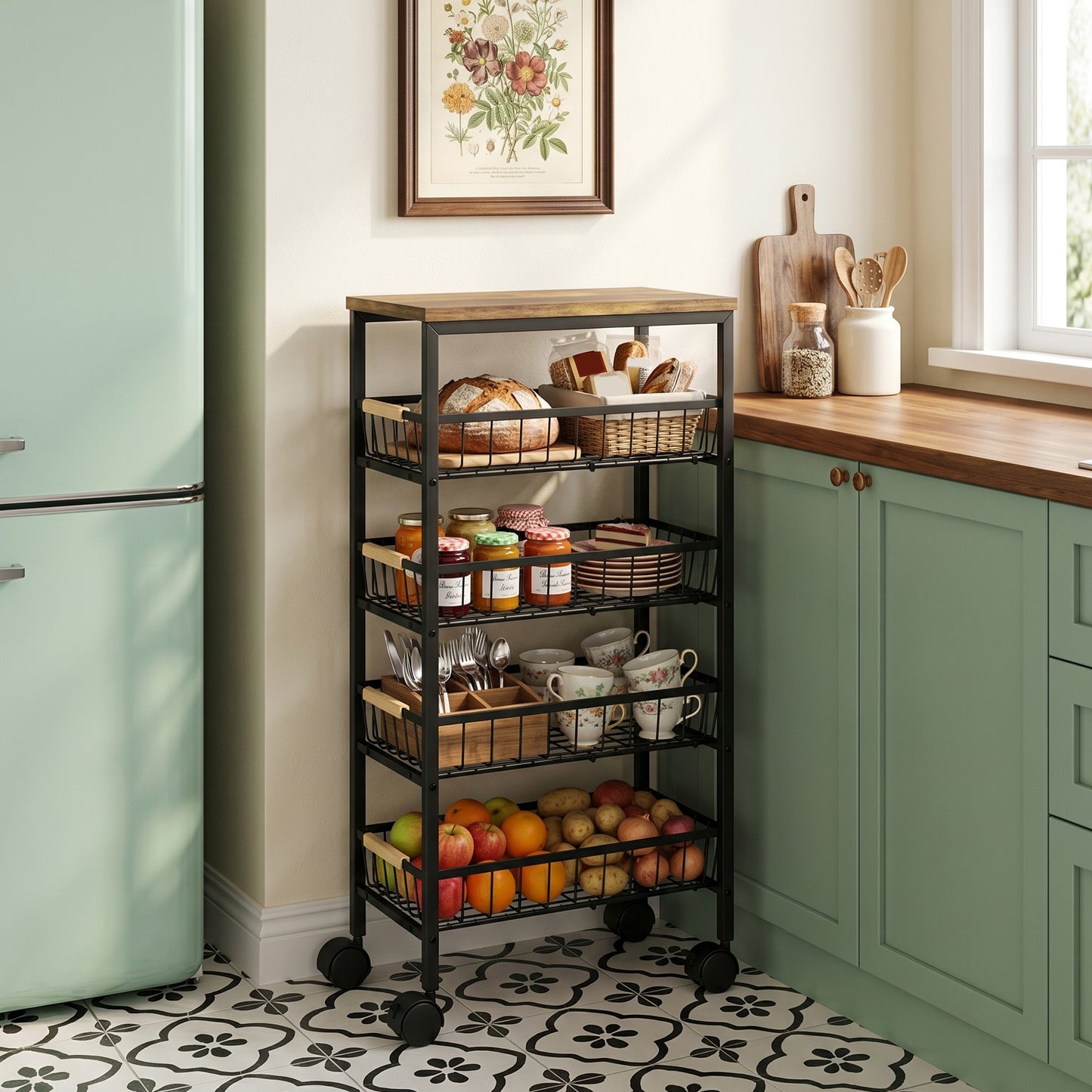 HOMCOM Metal Kitchen Trolley, 4-Tier Storage Trolley with Pull-Out Baskets and 4 Swivel Casters for Kitchen, Rustic Brown