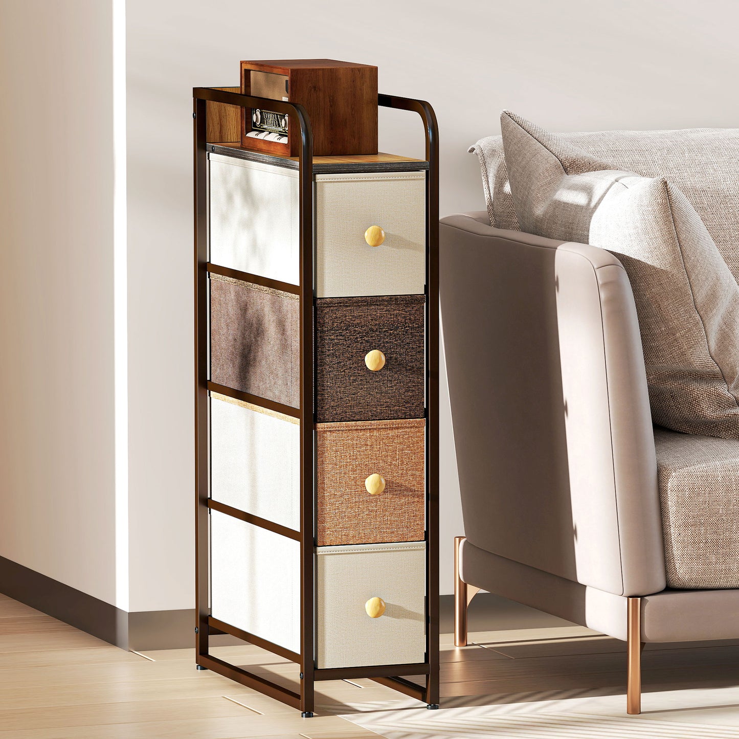 HOMCOM 4-Drawer Storage Organiser Unit, Chest of Drawers with Steel Frame for Bedroom, Living Room, Mixed-Brown