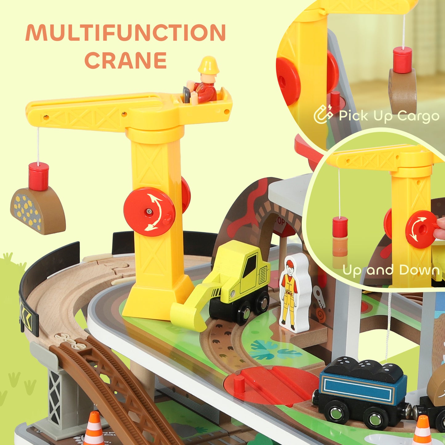 AIYAPLAY 79 Piece Wooden Train Set, Kids Train Track Mine Themed with Crane, Helicopter--ChewyGames-ChewyGames