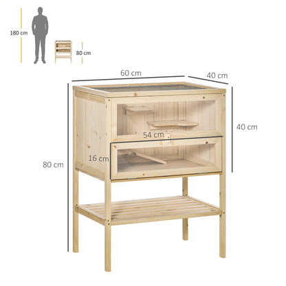 PawHut Wooden Hamster Cage with Storage Shelf, Small Animal Exercise Play House with Openable Top, Ramp for Gerbils, Drawf Hamsters, 60 x 40 x 80 cm - Natural