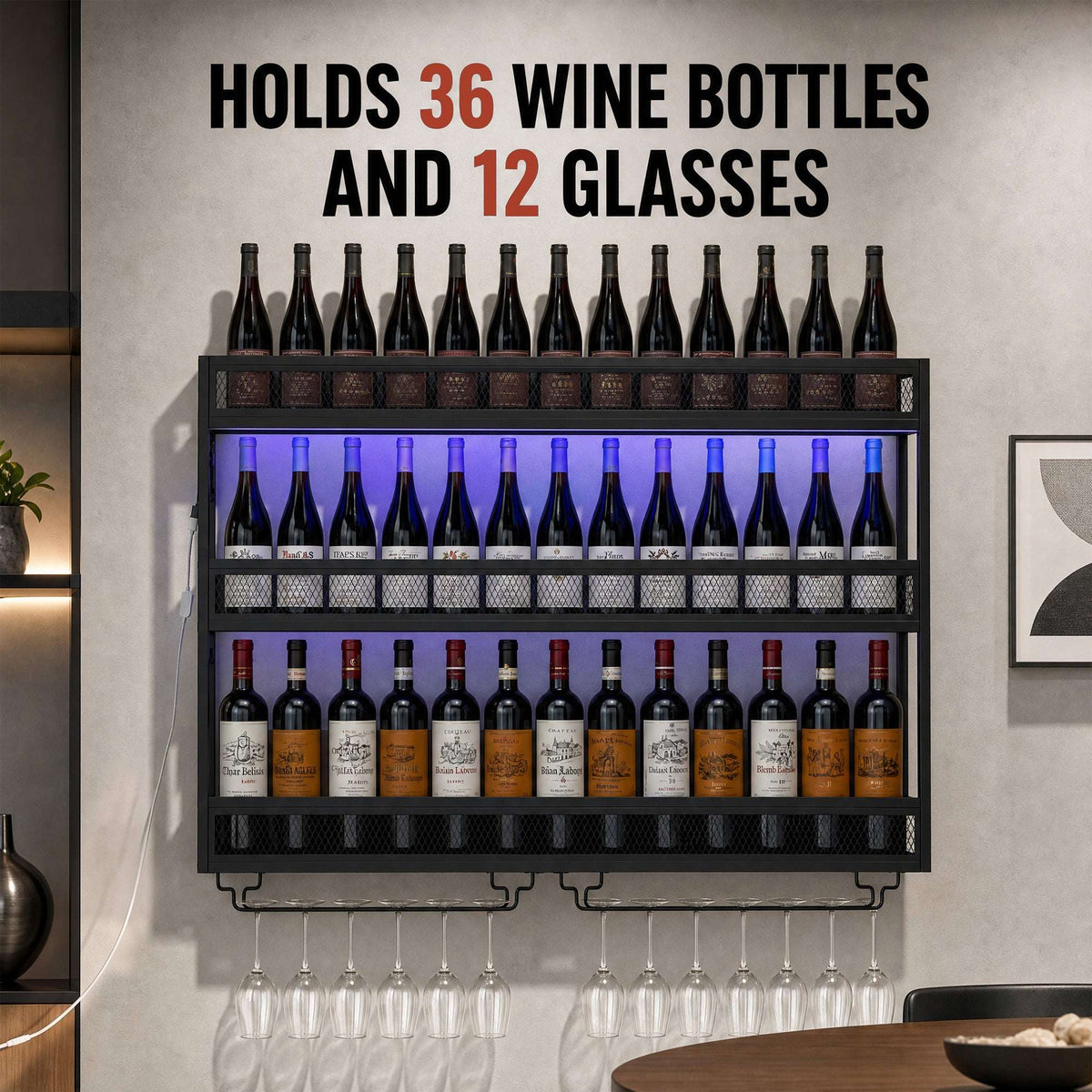 HOMCOM Wall-Mounted Wine Rack with LED Lights, Glass Holders, Open Shelf, Metal Storage Rack, Black