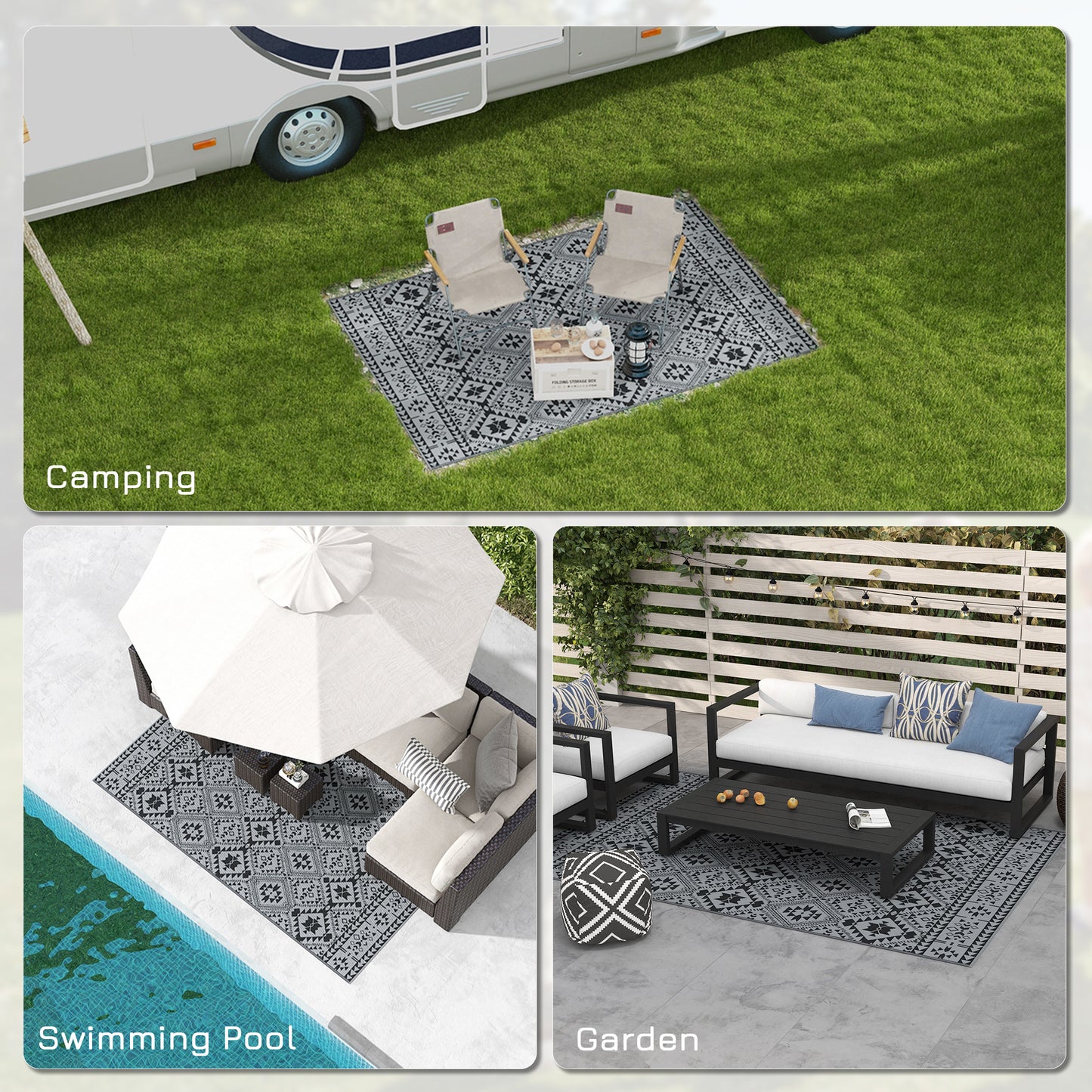 Outsunny 182 x 274cm Reversible Patterned Outdoor Rug, with Bag - Black/Grey--ChewyGames-ChewyGames