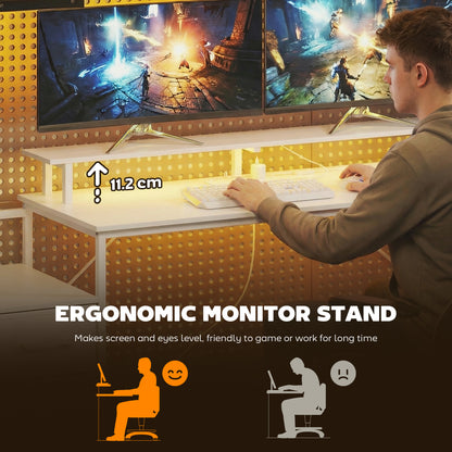 HOMCOM 147cm Gaming Desk with Charging Station and Monitor Stand, Computer Table for Home Office with RGB Lights, White