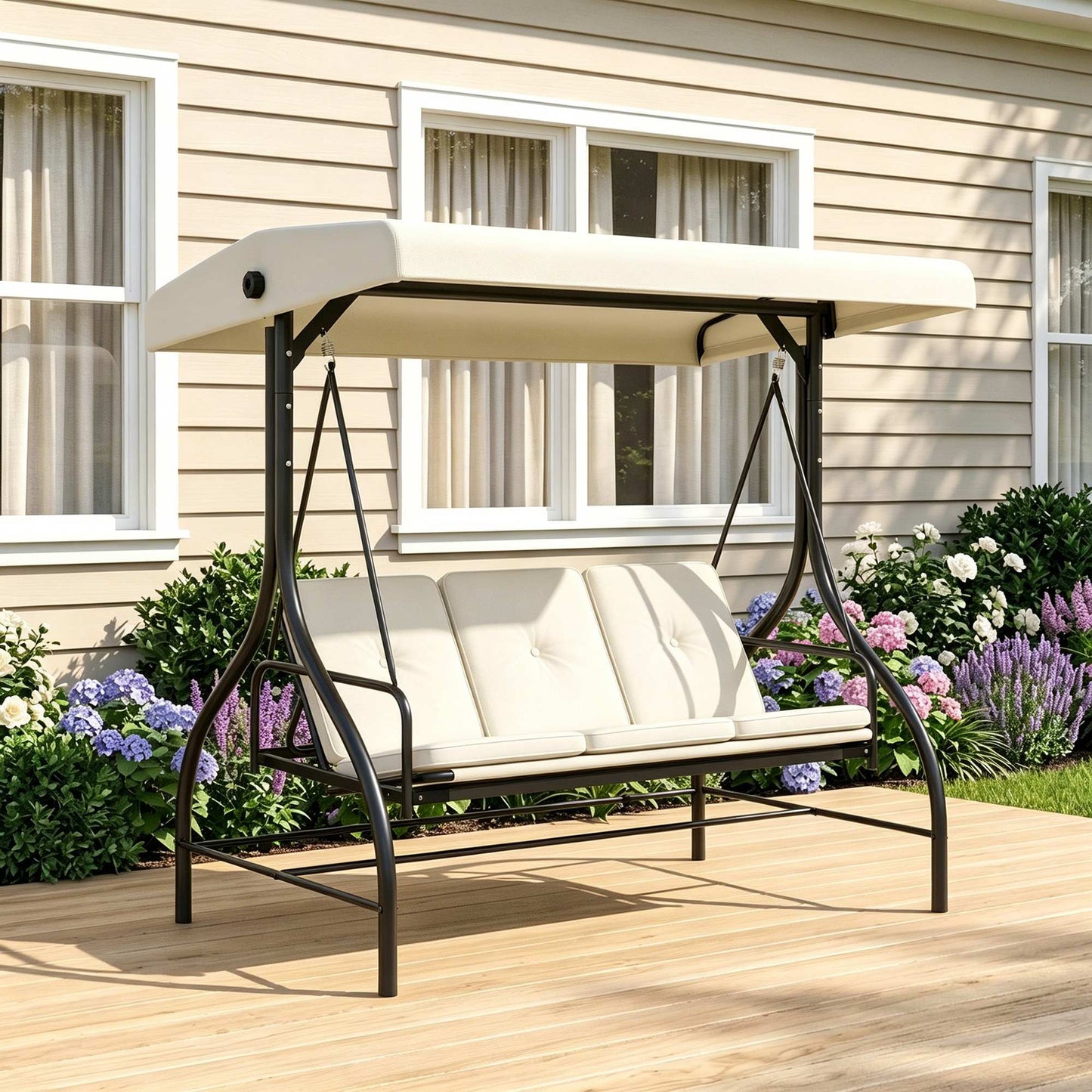 Outsunny 3 Seater Canopy Swing Chair, 2 in 1 Garden Swing Seat Bed, with Adjustable Canopy and Metal Frame, Cream White