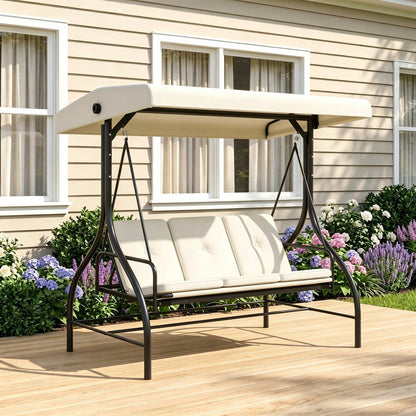 Outsunny 3 Seater Canopy Swing Chair, 2 in 1 Garden Swing Seat Bed, with Adjustable Canopy and Metal Frame, Cream White