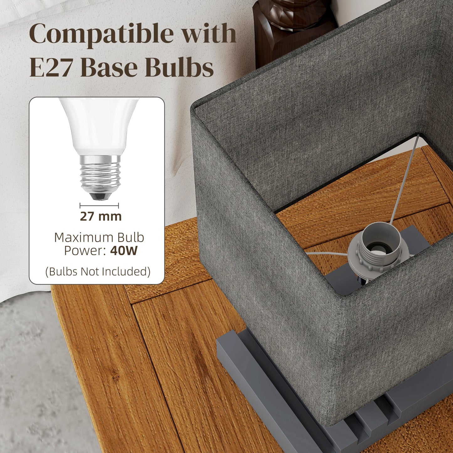 HOMCOM Bedside Lamp with USB A+C Charging Ports and 3 Phone Stands, Modern Table Lamp with Solid Wood Base and Fabric Shade for Bedroom Living Room Office, E27 Socket, Bulb Not Included, Grey--ChewyGames-ChewyGames