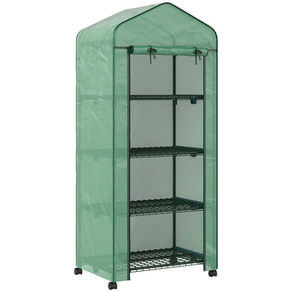 Outsunny 4 Tier Mini Portable Greenhouse Compact Plant Grow Shed Metal Frame PE Cover with Lockable Rolling Wheels , Green