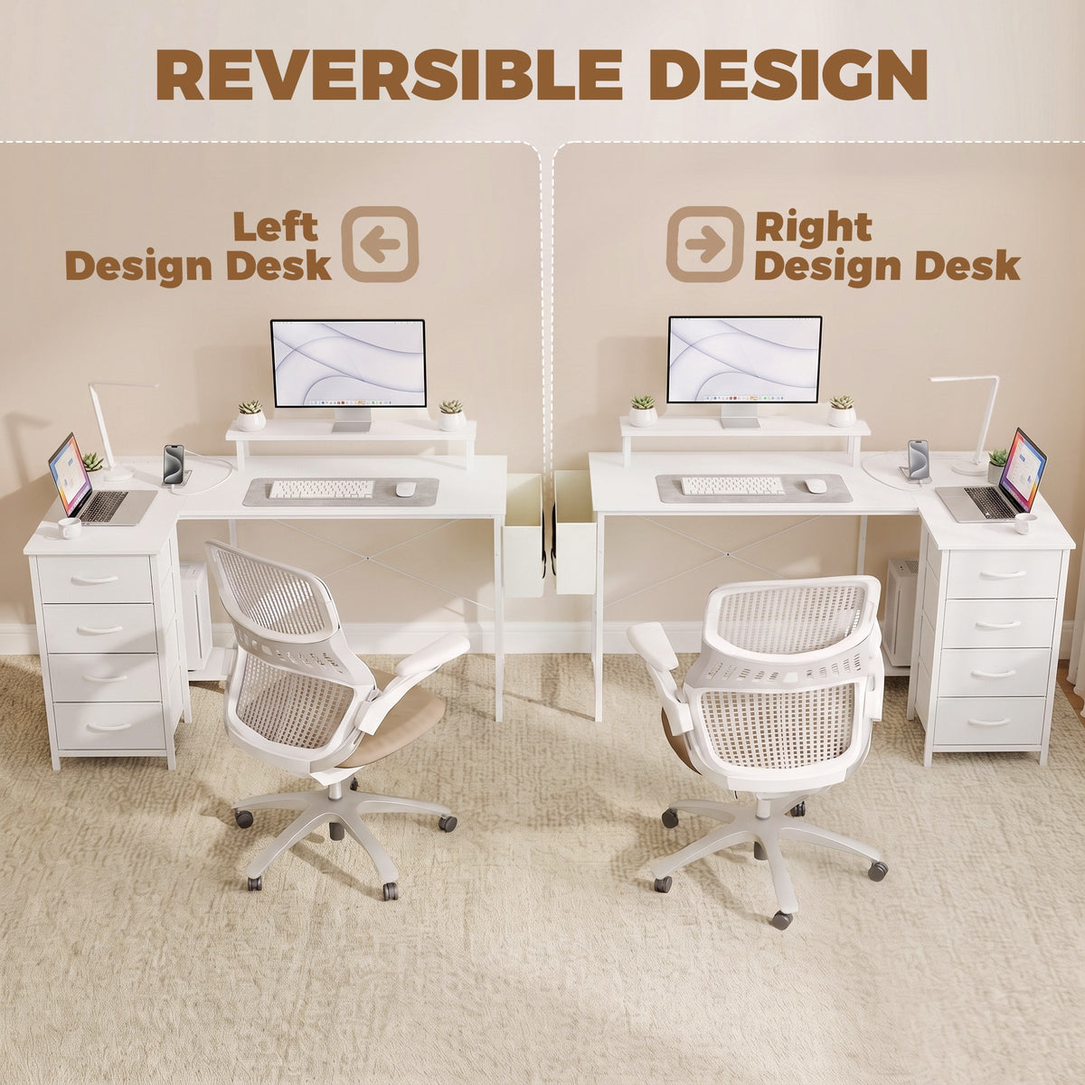 HOMCOM L Shaped Gaming Desk Reversible Power Outlets Corner Desk Storage Drawers Monitor Shelf 150 cm White