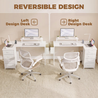 HOMCOM L Shaped Gaming Desk Reversible Power Outlets Corner Desk Storage Drawers Monitor Shelf 150 cm White