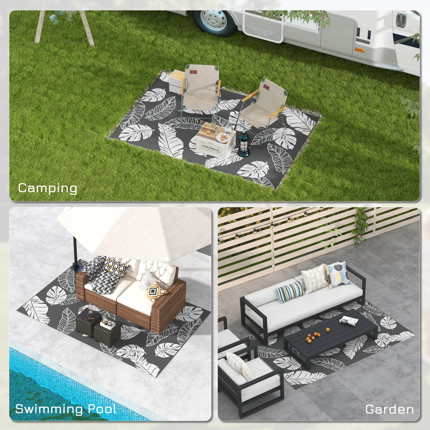 Outsunny Plastic Straw Reversible RV Outdoor Rug with Carry Bag, 182 x 274cm, Grey and White--ChewyGames-ChewyGames