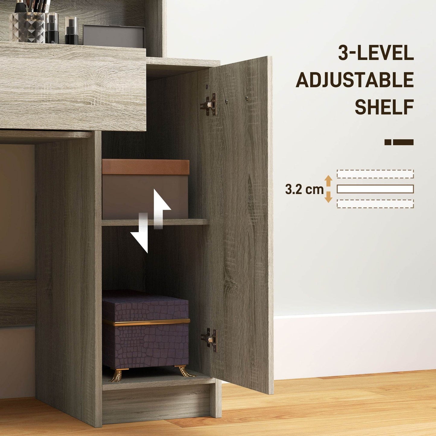 HOMCOM Dressing Table and Stool Set, with Storage - Wood-Effect