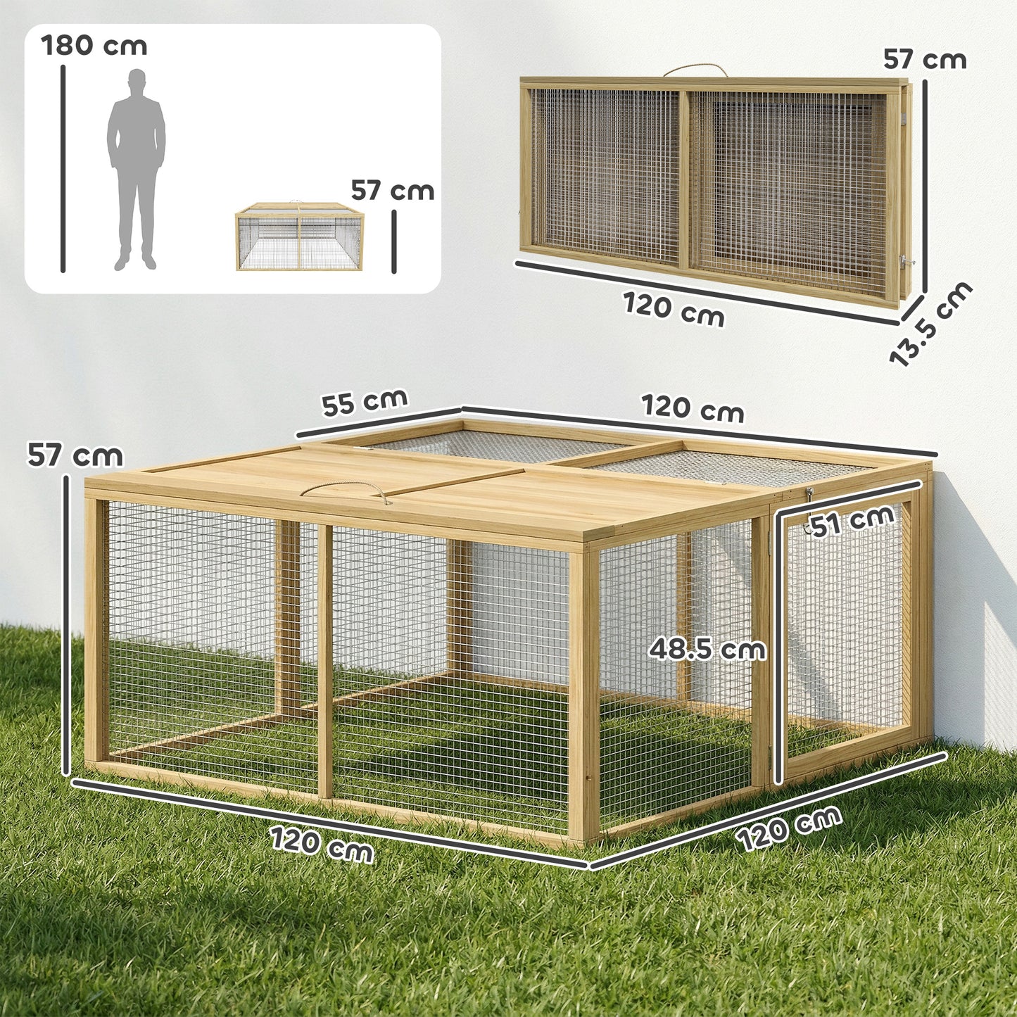 PawHut Wooden Folding Rabbit Hutch, for 2-3 Rabbits - Natural Wood