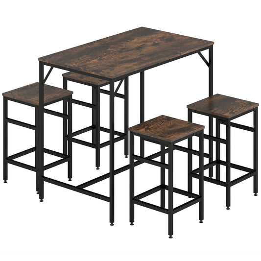 HOMCOM 5-Piece Breakfast Bar Table and Stools Set, Kitchen Bar Table Set with High Table and 4 Stools, Space Saving Compact Dining Furniture for Small Spaces, Rustic Brown