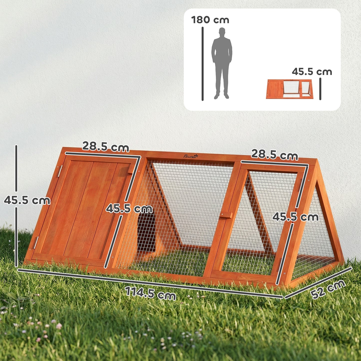 PawHut Rabbit Hutch, Wooden Guinea Pig Hutch with Run and Doors, Outdoor Triangle Bunny House for Rabbits,Duck and Chicken