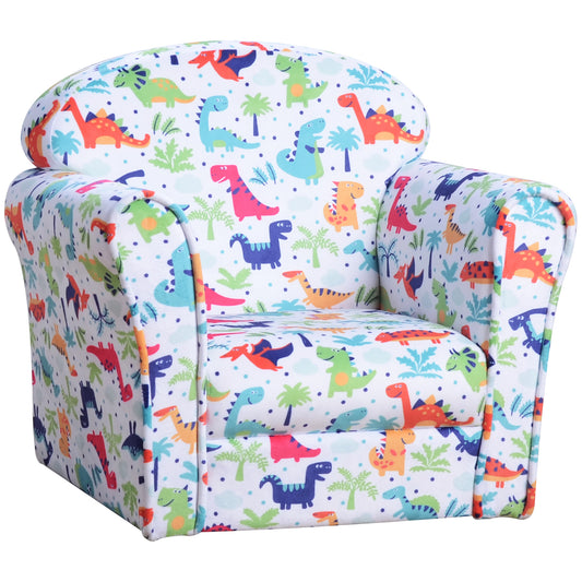 HOMCOM Children's Armchair Flannel Kids Sofa Tub Chair Cartoon Dinosaur Pattern Wooden Frame Bedroom Playroom Seater Multicolour