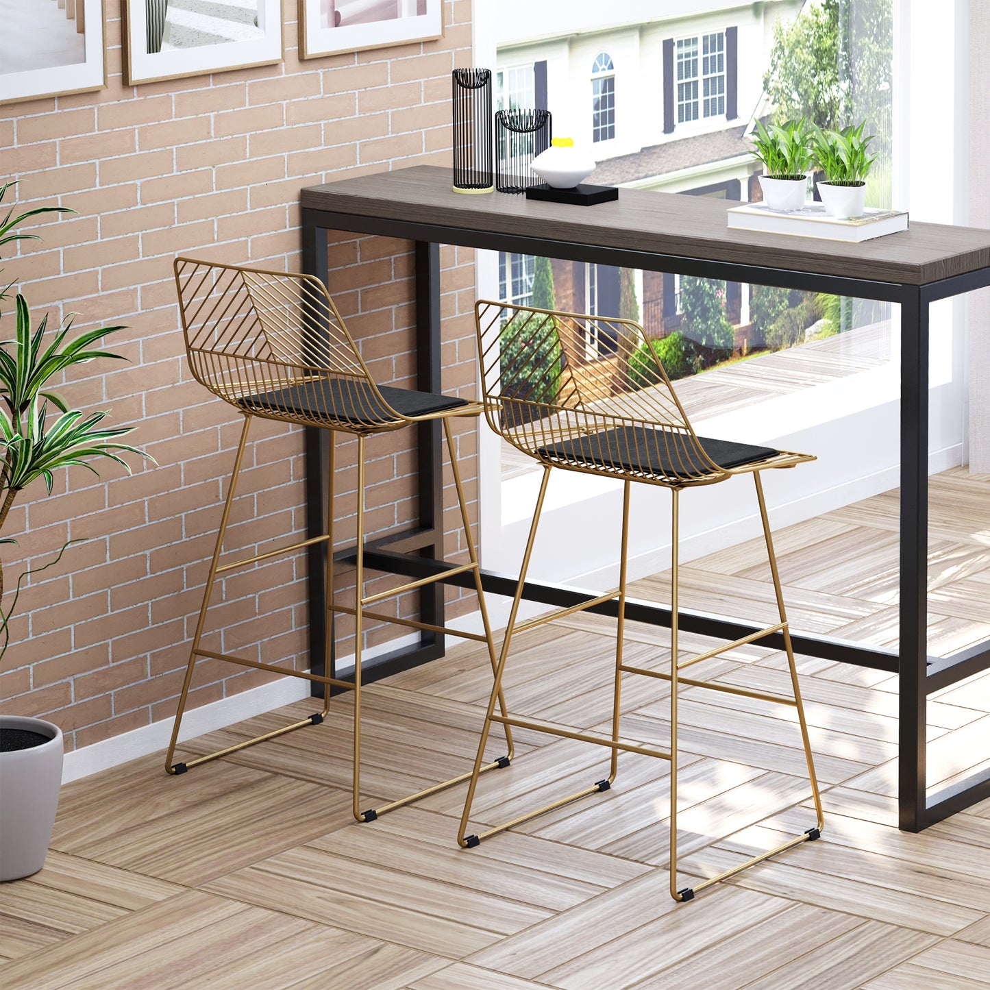 HOMCOM Set of 2 Bar Stools, Modern Counter Height Breakfast Bar Chairs with Wire Metal Frame for Kitchen, Dining Room, Gold